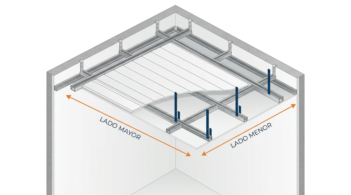 Esquema técnico e ilustrativo de armado de cielorraso de PVC Perfilplas con perfiles montantes, soleras y velas